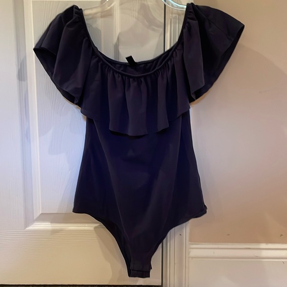 J. Crew Navy Blue Stretch Knit Ruffle Off Shoulder Body Suit size M - Picture 1 of 2